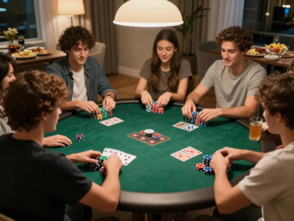 MPOID poker game evening with friends showcasing chips and cards in a cozy home setting.