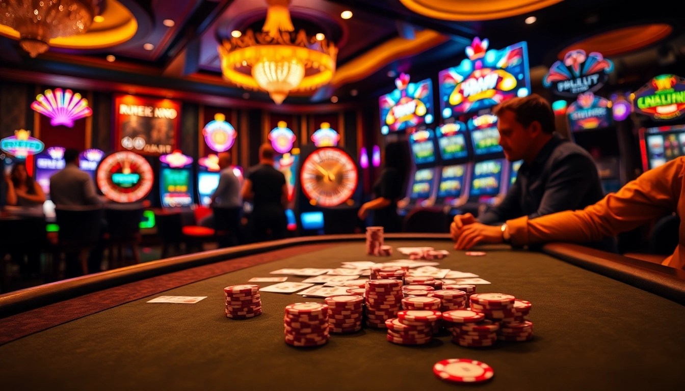 Engaged gamblers enjoying high-stakes poker at https://bem88.com with vibrant casino ambiance.