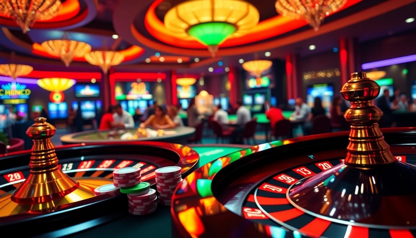 Engage with the vibrant elements of uvip娛樂 in this lively casino scene featuring roulette wheels.