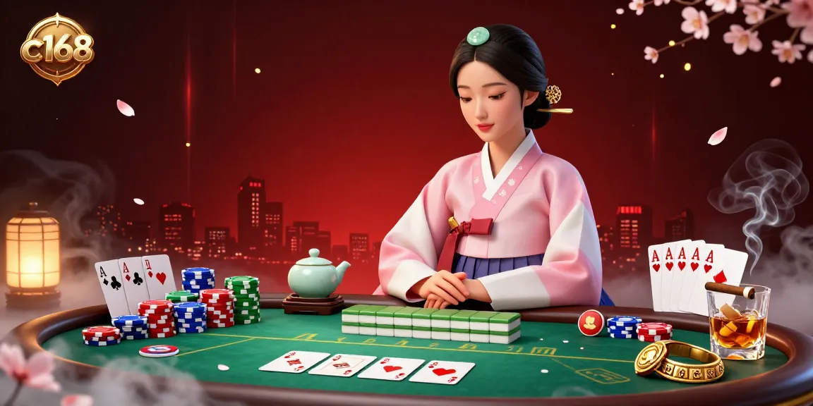 Engaging poker scene with c168 branding, featuring an elegant woman amidst poker chips and cards.