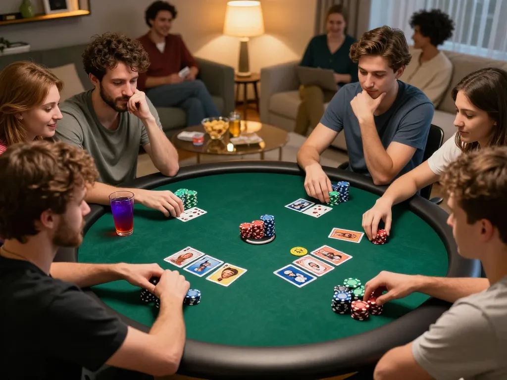 Friends engage in competitive poker gameplay at home, emphasizing F168’s social gambling atmosphere.
