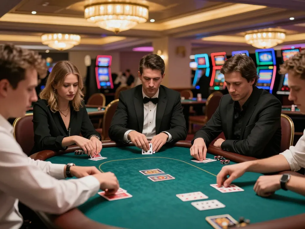 Engaged players at an IWIN68 poker table in a luxury casino, showcasing strategic gameplay.