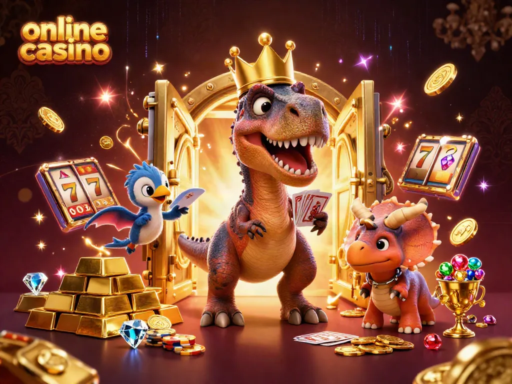 Join the excitement of an online casino with friendly characters and vibrant gaming elements in a dynamic scene.