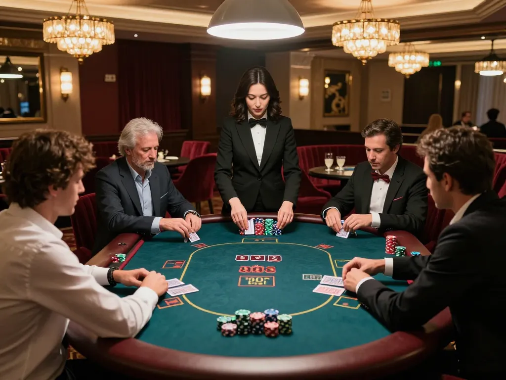 Hello88 players enjoying intense poker action in a luxurious environment with vibrant poker chips and attentive dealer