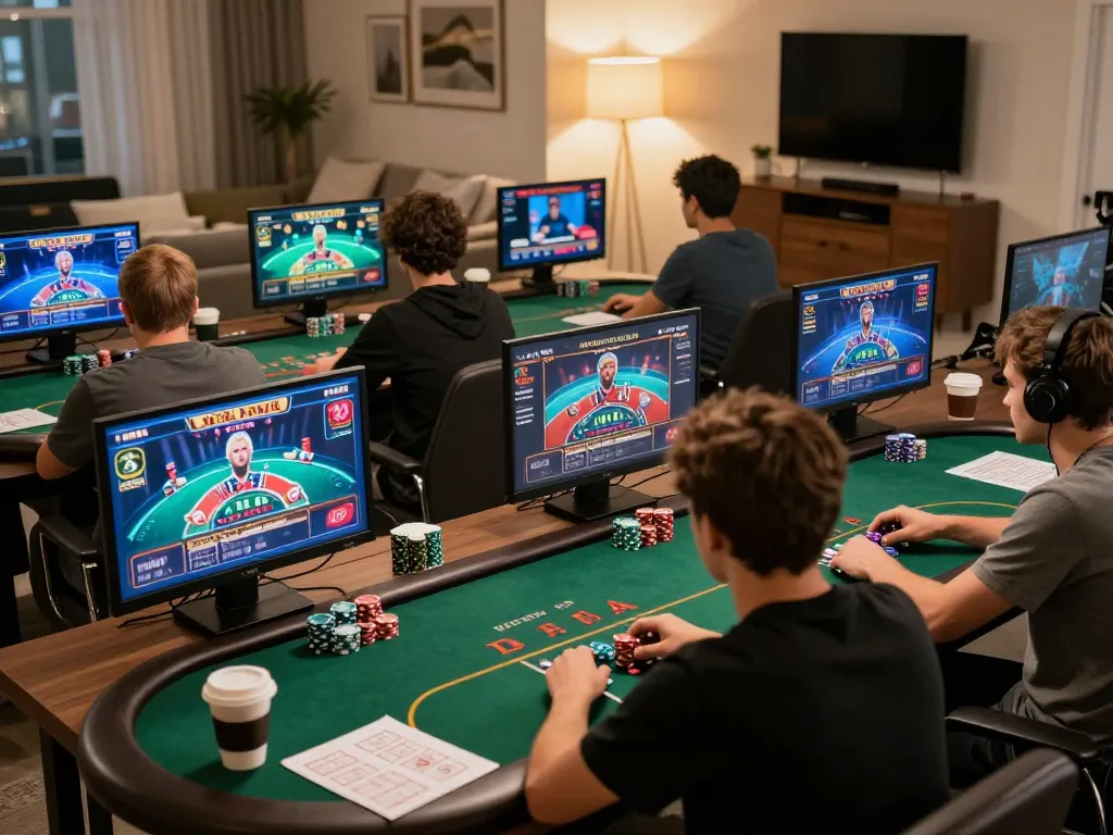 Engaged players strategizing for tx88 online poker game amid a cozy home atmosphere