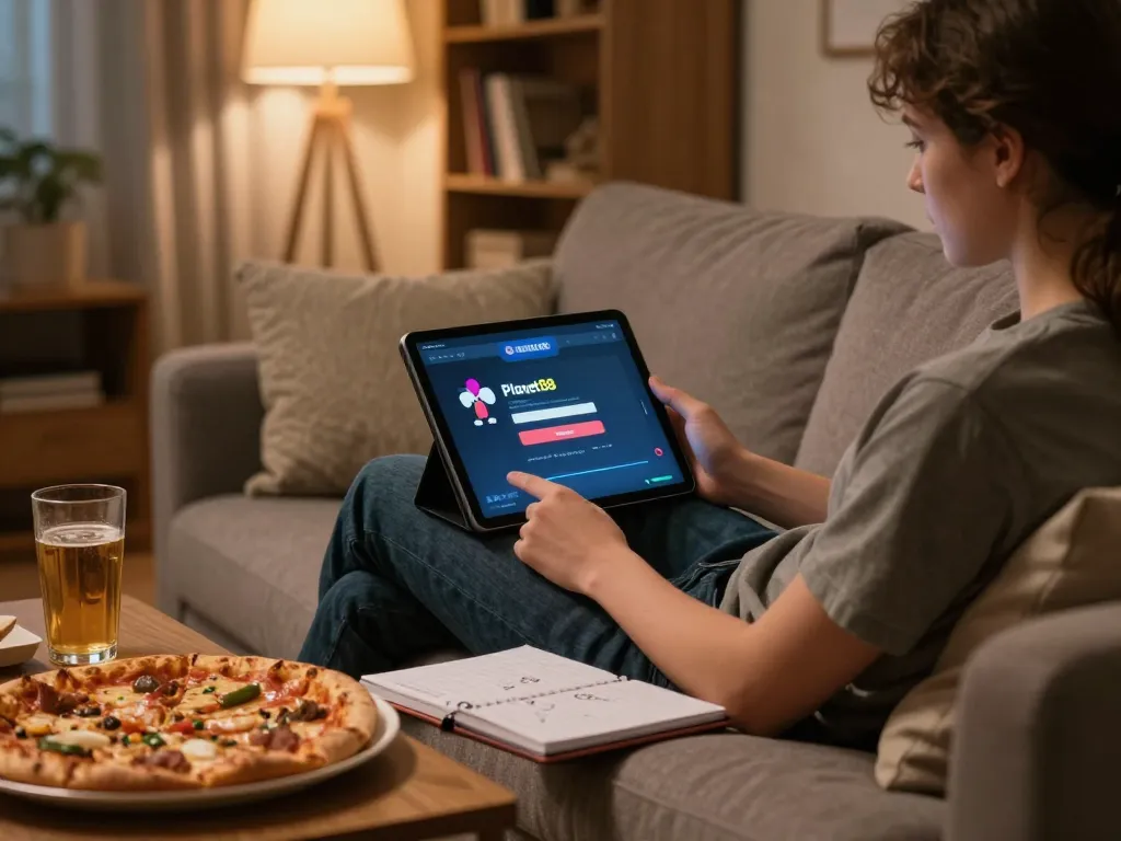 Engaging in online gameplay on Planet88 login with a tablet, cozy home setting.
