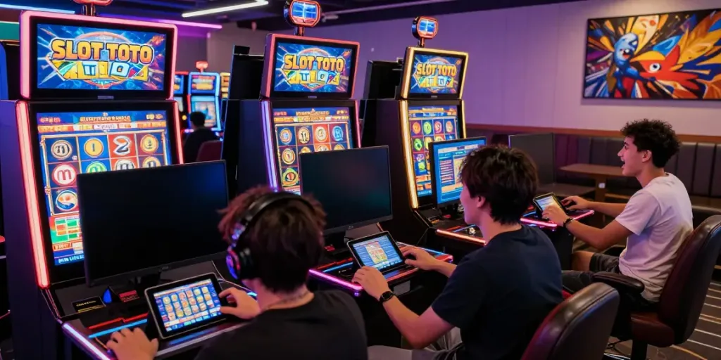 Players enjoy exciting SLOT TOTO games in a vibrant gaming lounge.
