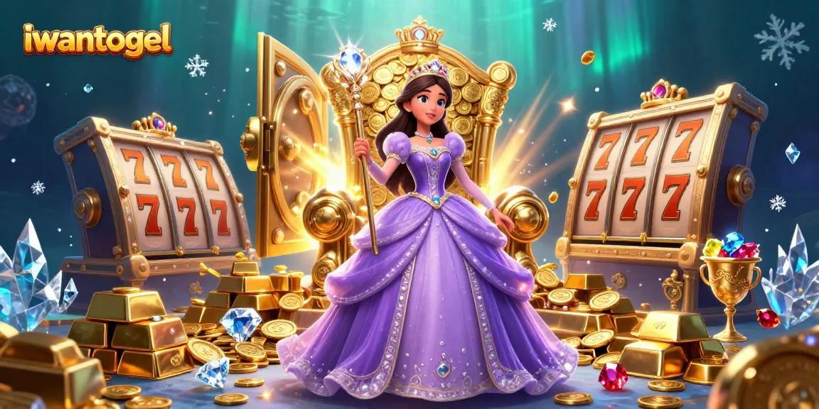 Spin and win with iwantogel, showcasing a royal-themed gambling scene with treasures and game elements.
