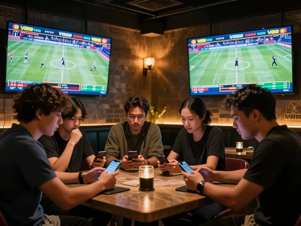 Engaged bettors analyzing odds and placing wagers at VB88's vibrant sports betting venue.