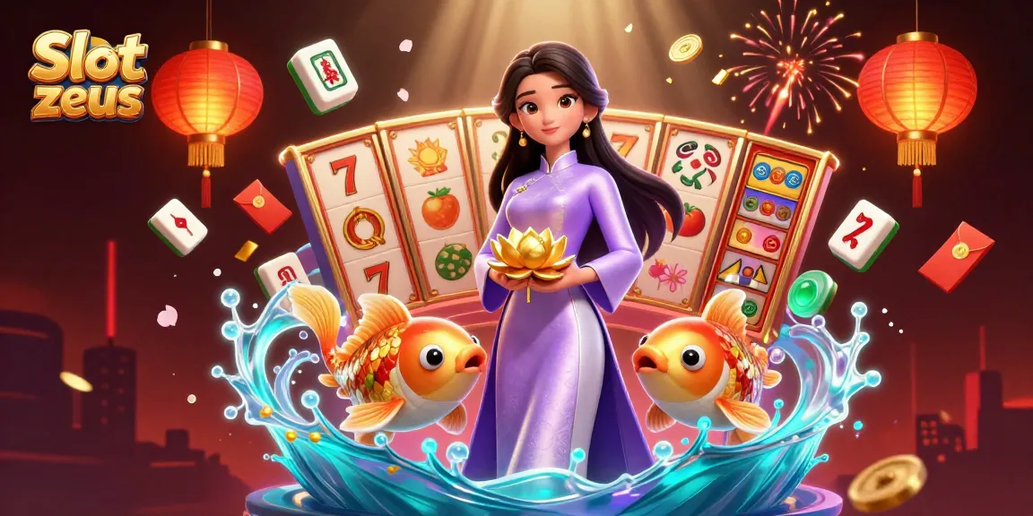 Slot zeus illustration showing an Asian woman and koi fish amid vibrant casino elements and scenes.
