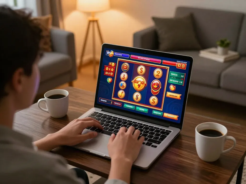 Engaging in Pragmatic Slot gameplay on a laptop in a cozy living room, highlighting vibrant gaming atmosphere.
