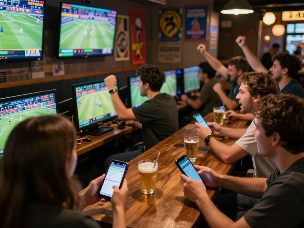 Enthusiasts enjoying live sports betting at nhà cái gg88 with multiple screens displaying thrilling matches.