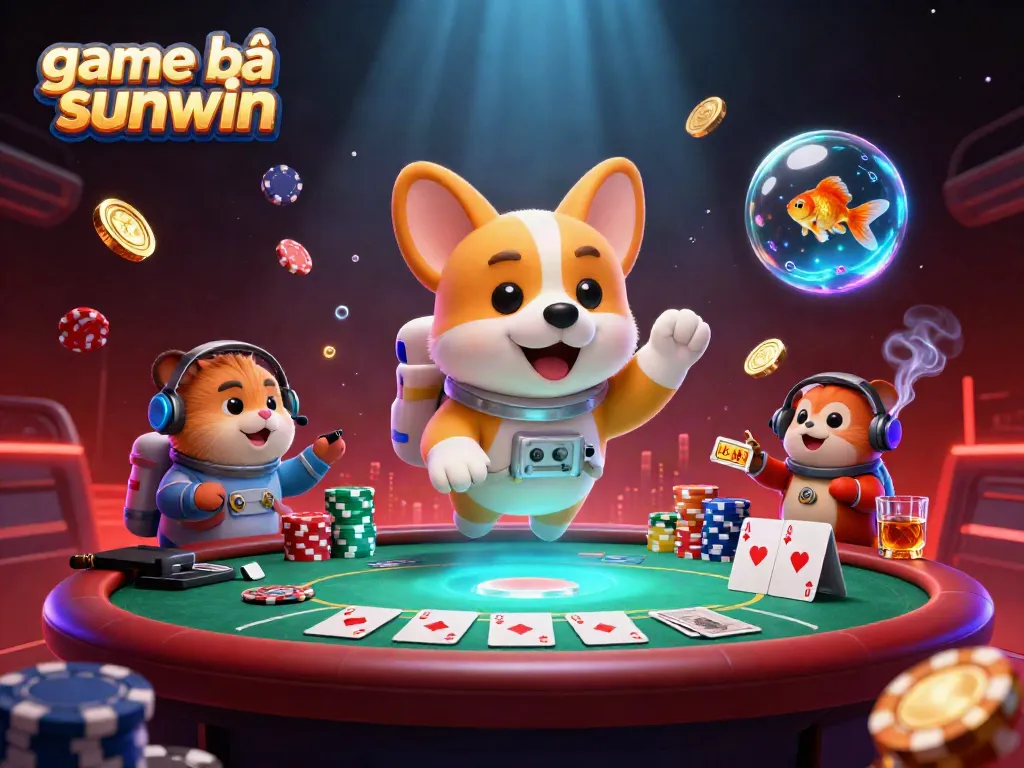 Experience game bài sunwin with a 3D cartoon astronaut corgi and themed casino elements floating in space.