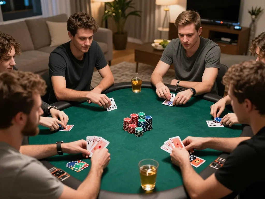 JUARA88 poker players strategizing during home game night with colorful chips and cards, engaging atmosphere.