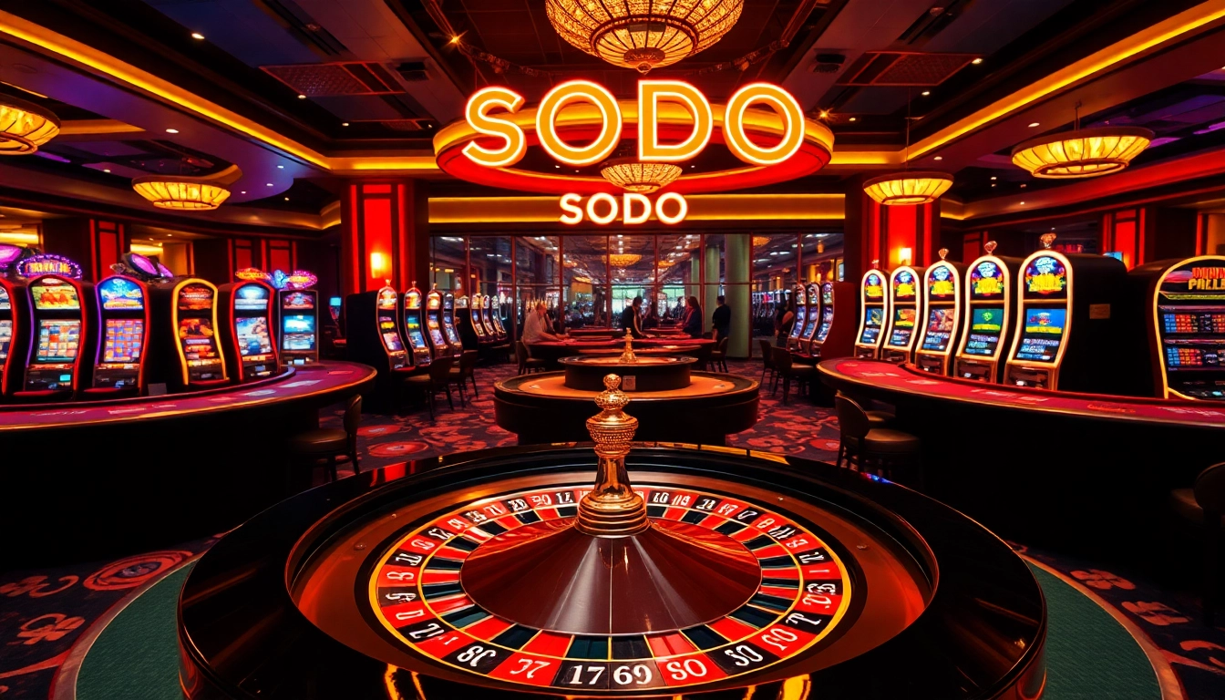 SODO casino scene showcasing roulette and poker tables with vibrant lighting and players celebrating wins.