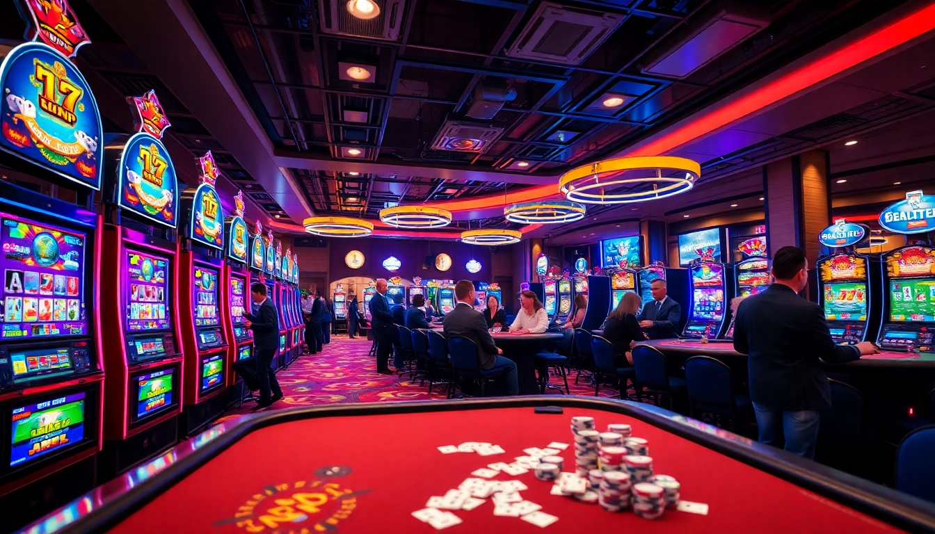 Players enjoying games at AT99娛樂 casino, vibrant atmosphere with colorful slot machines.