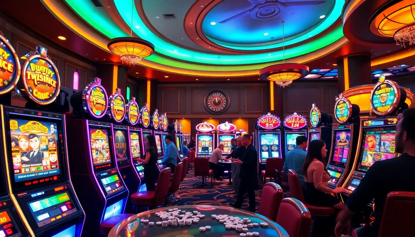 Excited players engaging with slot machines in a luxurious casino environment.