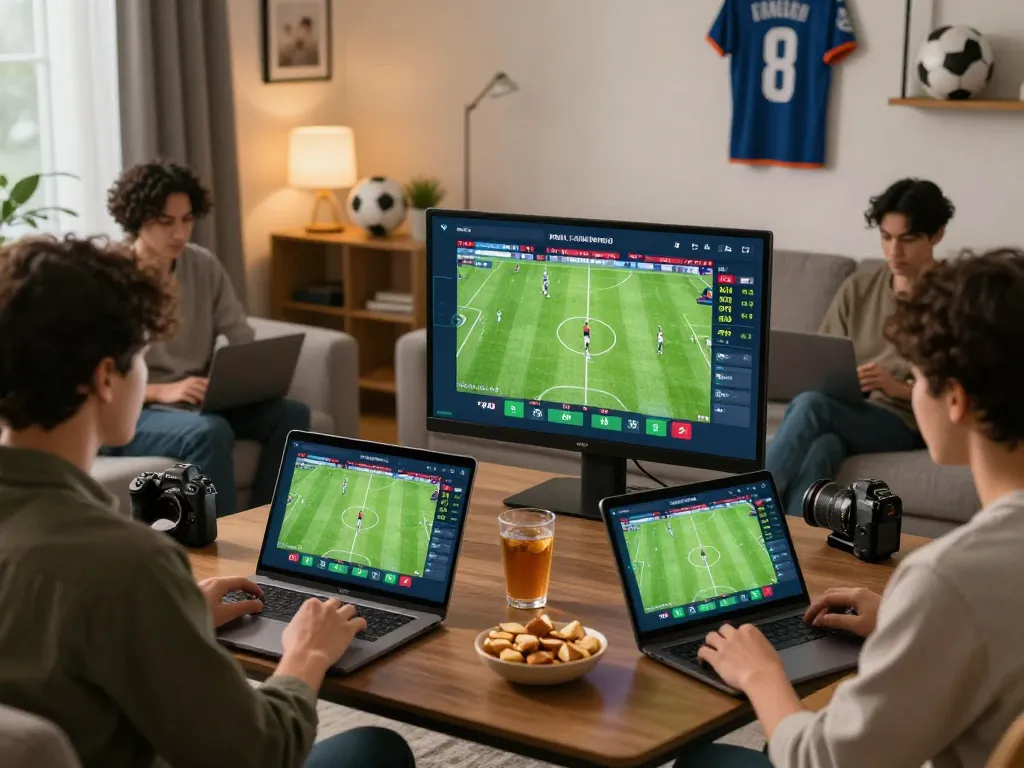 Gambaran menarik yang menunjukkan berbagai individu menikmati pengalaman taruhan judi bola online di rumah modern.