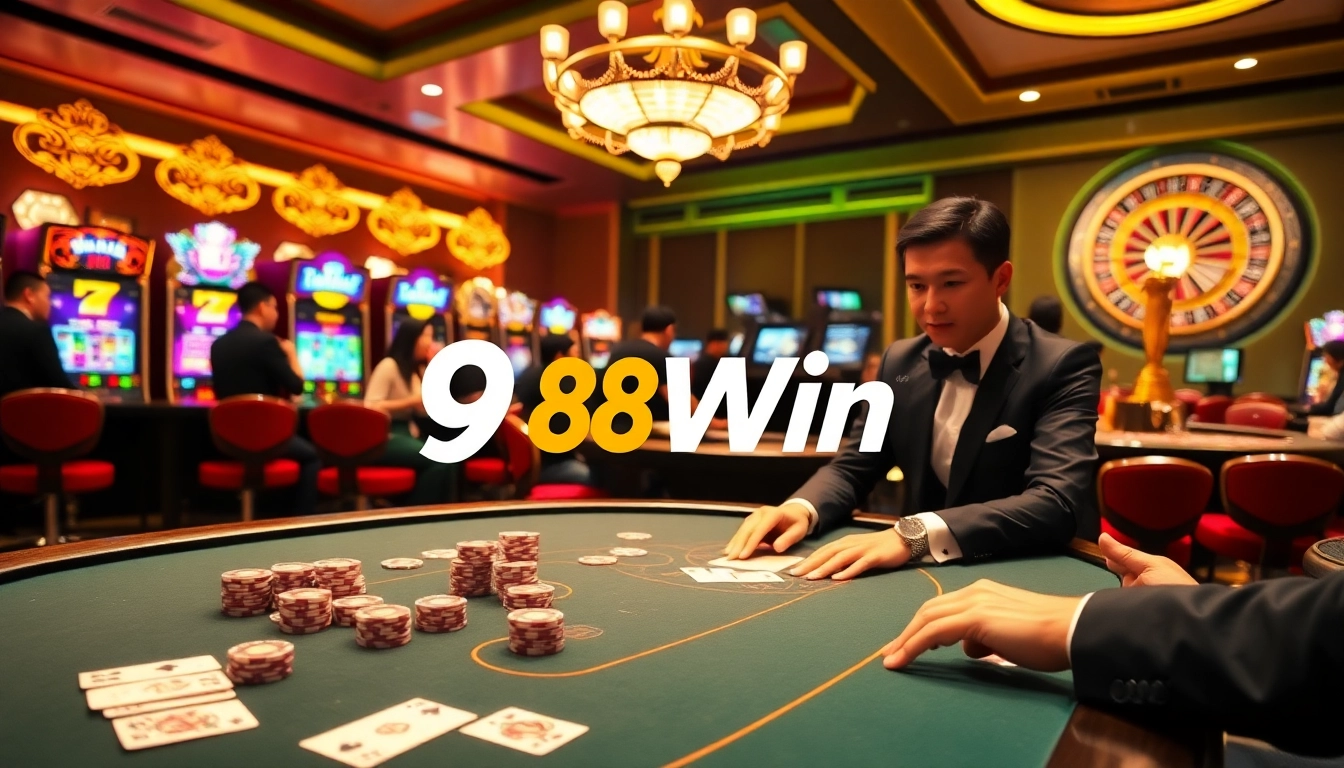 Experience high-stakes poker action at 98Win with vibrant gaming tables and slot machines.