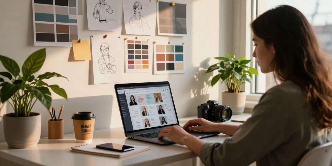 Desainer berkreativitas dalam proyek branding pribadi dengan halte4d menyala di laptopnya.