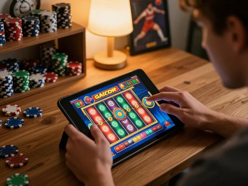 Engage with slot gacor games during an exciting online gaming session on a tablet.