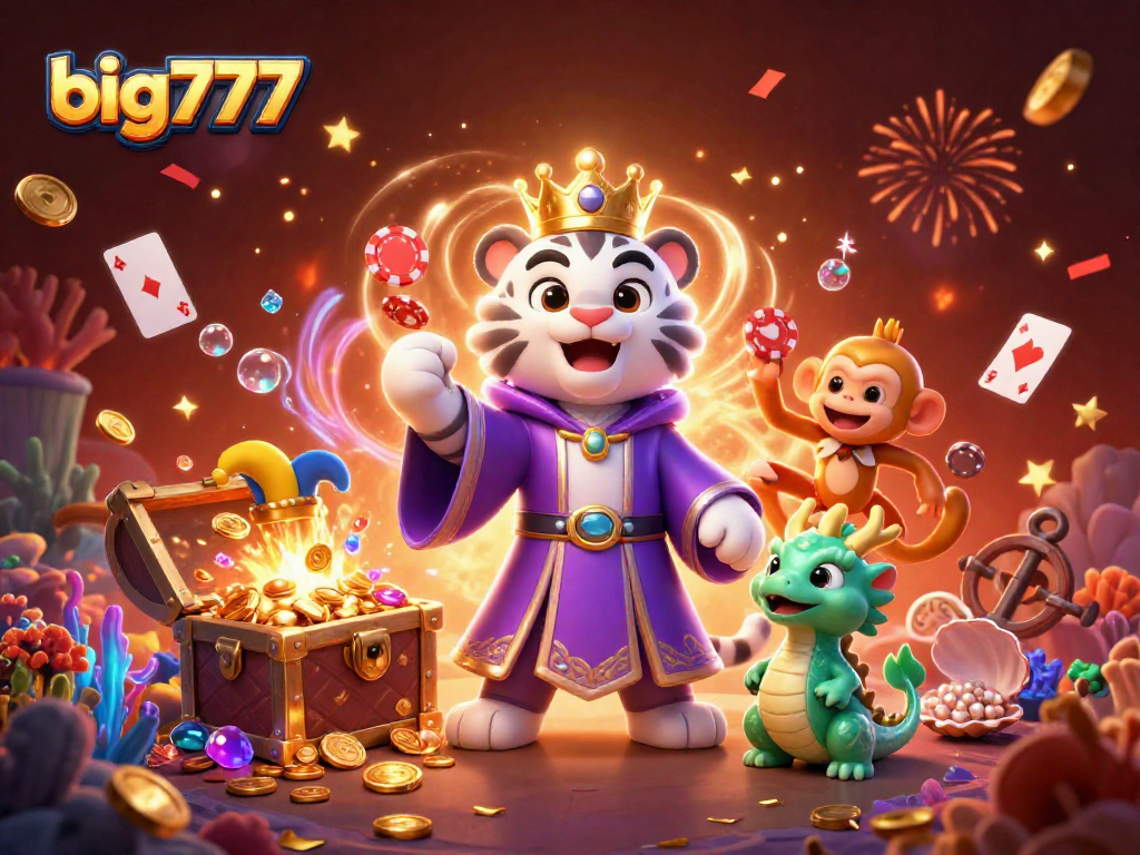 Engage with big777 as a playful golden monkey juggles poker chips, set in a vibrant casino scene.