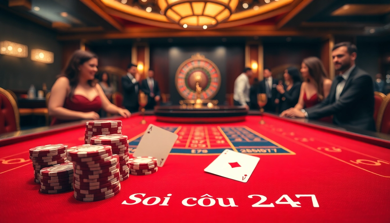 Gambling at a luxurious casino table showcasing soi cầu 247 strategies with vibrant chips and cards.