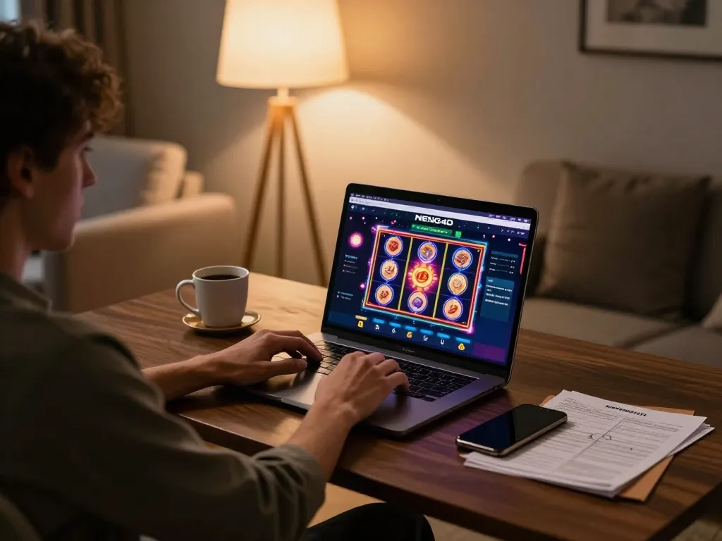 NENG4D online gaming session in a cozy home setup with a laptop showing slot games and strategy notes