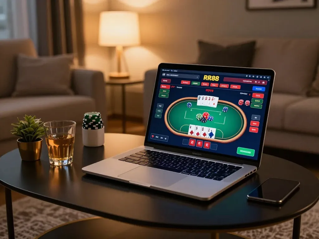 Engaging playing experience on RR88 casino online, showcasing poker gameplay at home.