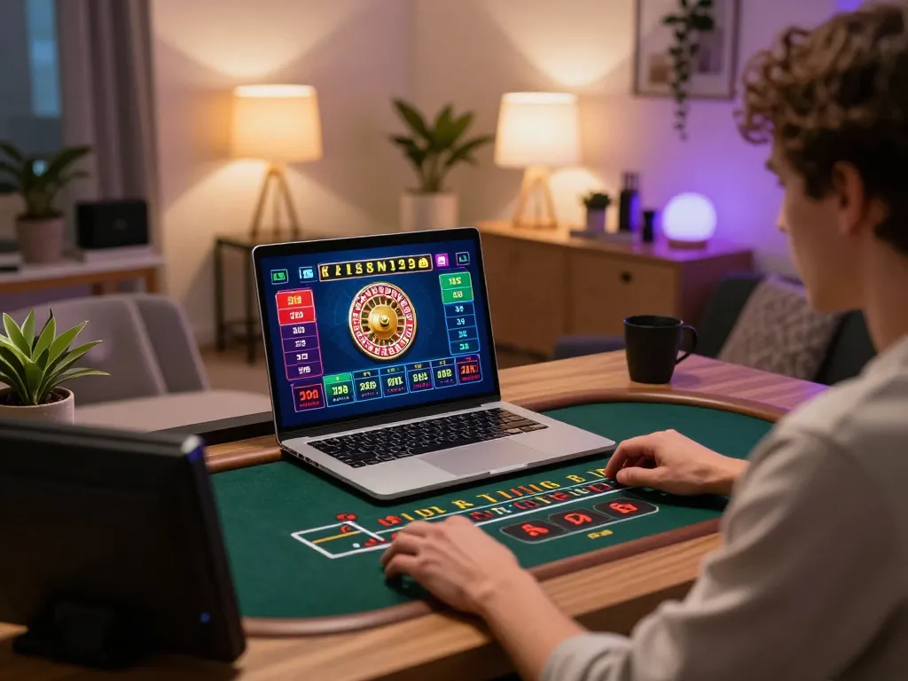 SUNWIN online gaming setup showcasing a player engaged in live dealer roulette game on laptop with a colorful interface.
