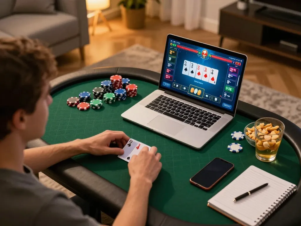 Intense gameplay at O8 Casino with a player focused on poker strategy on laptop, creating a cozy atmosphere