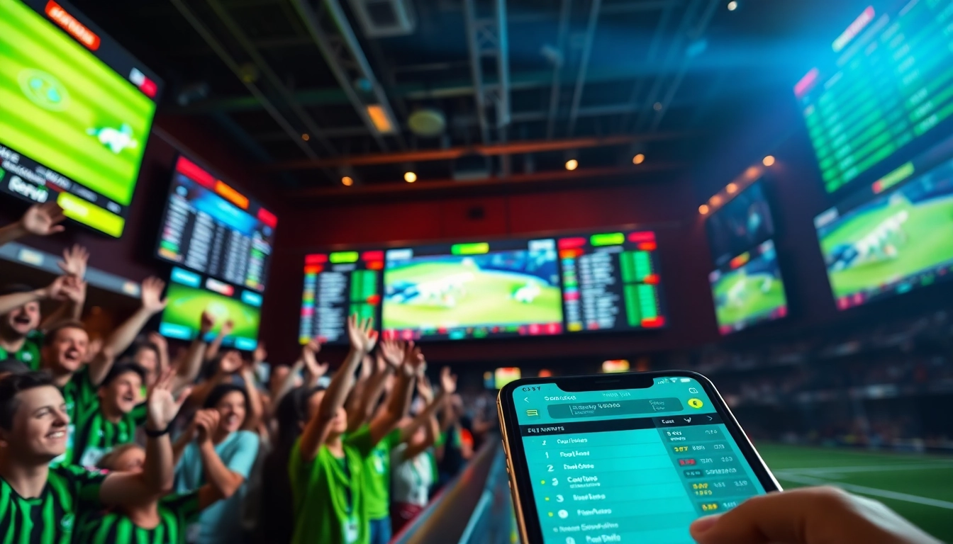 Exciting sports betting environment showcasing live odds at https://keonhacai.gold/ with enthusiastic fans and digital screens.