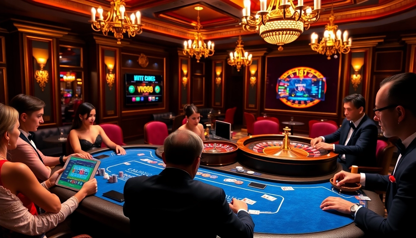 Players enjoy an exciting game of poker at VN88's luxurious casino table, showcasing vibrant chips and cards.