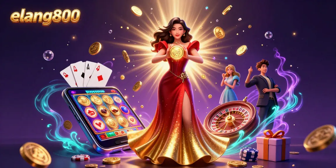 Engage in thrilling gaming at elang800 with a beautiful Asian woman symbolizing fortune, surrounded by casino elements.