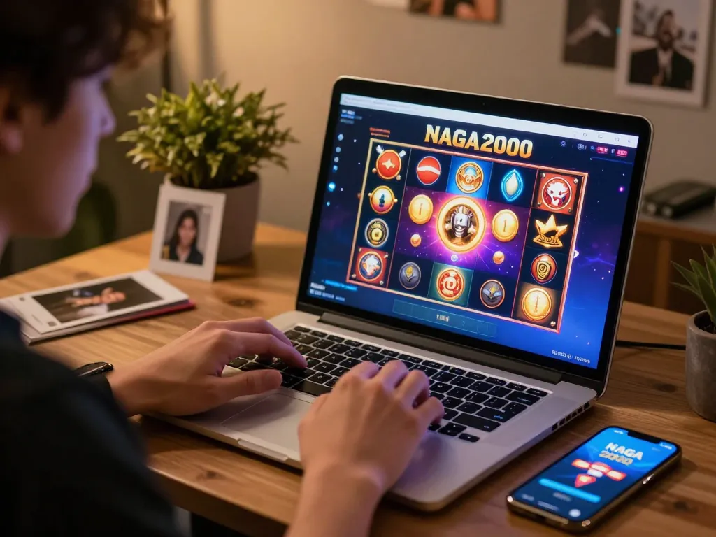 NAGA2000 online gaming experience with vibrant slot visuals and a focused player.