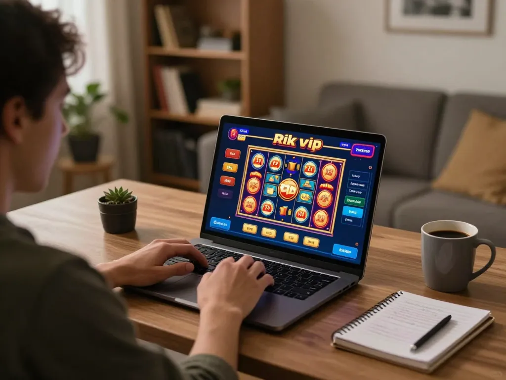 Player enjoying rik vip online casino games on a laptop at home with vibrant interface.
