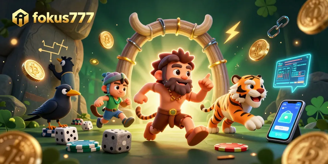 Join the excitement at fokus777 with a thrilling caveman casino scene featuring crypto elements.