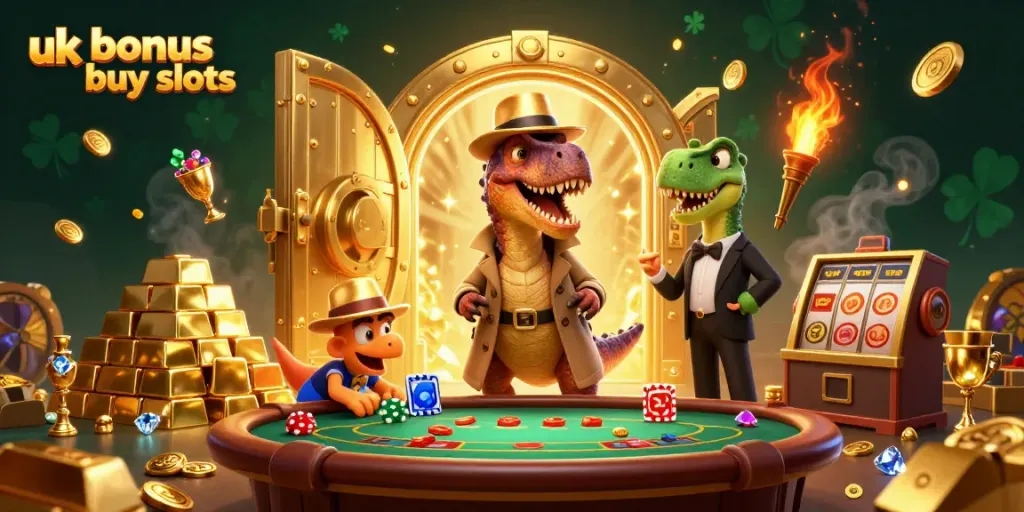 Experience the thrill of uk bonus buy slots with animated characters and vibrant symbols in a casino scene.