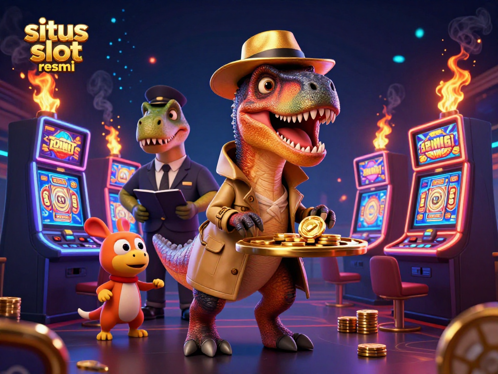 Experience the excitement of situs slot resmi with playful characters at a vibrant slot machine.