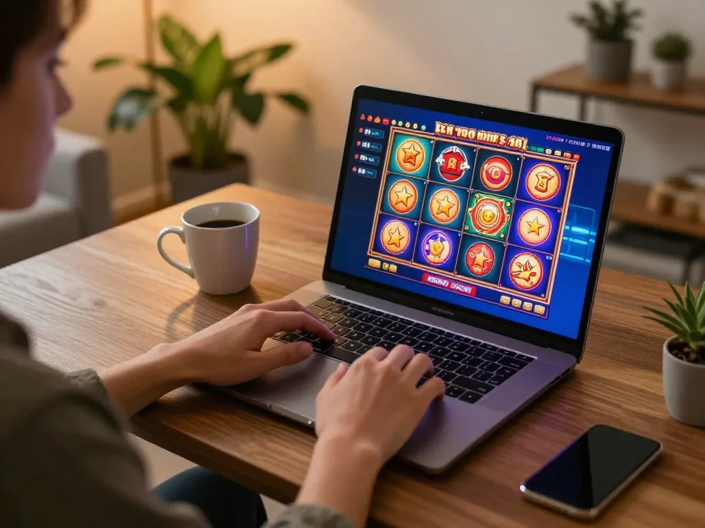 Player engaging with SC88's platform while enjoying online gaming at home, showcasing vibrant slot games.