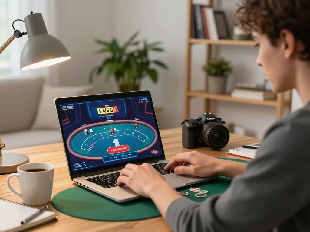 Person engaging in online poker gameplay, showcasing a cozy home setting and strategic approach about botanica bali.