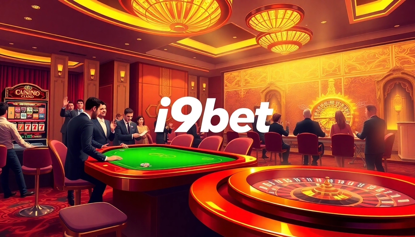 i9bet players celebrating wins at a high-end casino poker table with vibrant surroundings.