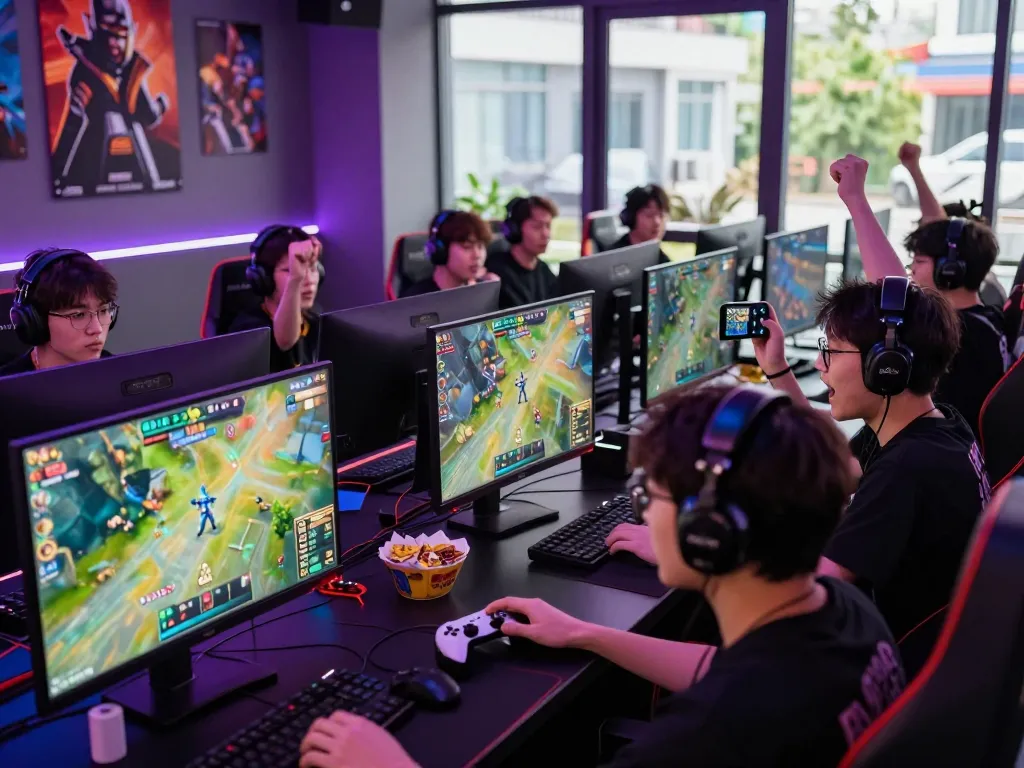 Exciting esports betting scene in Singapore with gamers engaged in live gameplay and betting, featuring vibrant decor and gaming setups at https://gglbetsg.org/gglbet-sg/singapore-esports-betting-guid