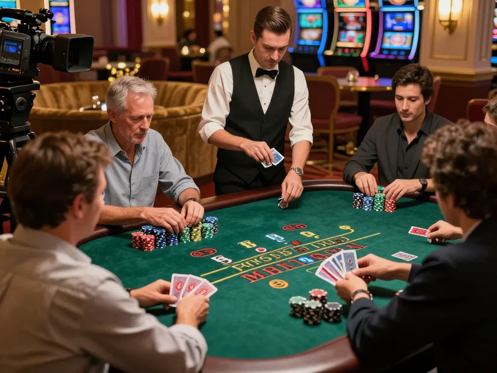 TG88 blackjack excitement with engaged players and a dealer revealing cards at a vibrant casino table.