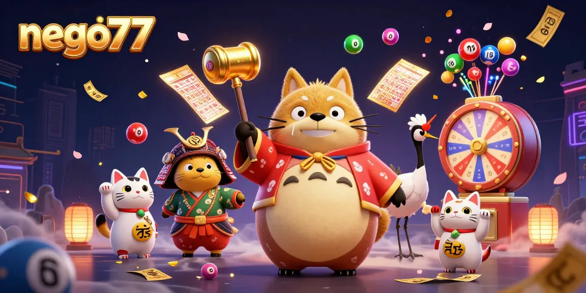 Experience the luck of nego77 with a vibrant casino illustration full of dynamic game elements.