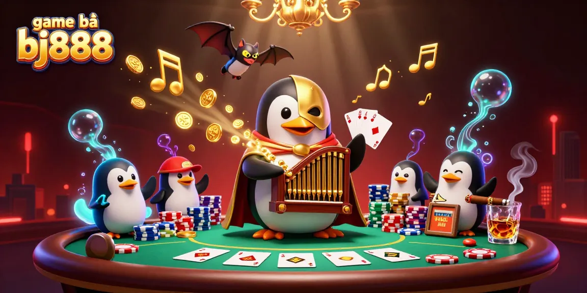 Engage in thrilling action with game bài bj888 amidst a vibrant casino scene featuring a penguin organist.
