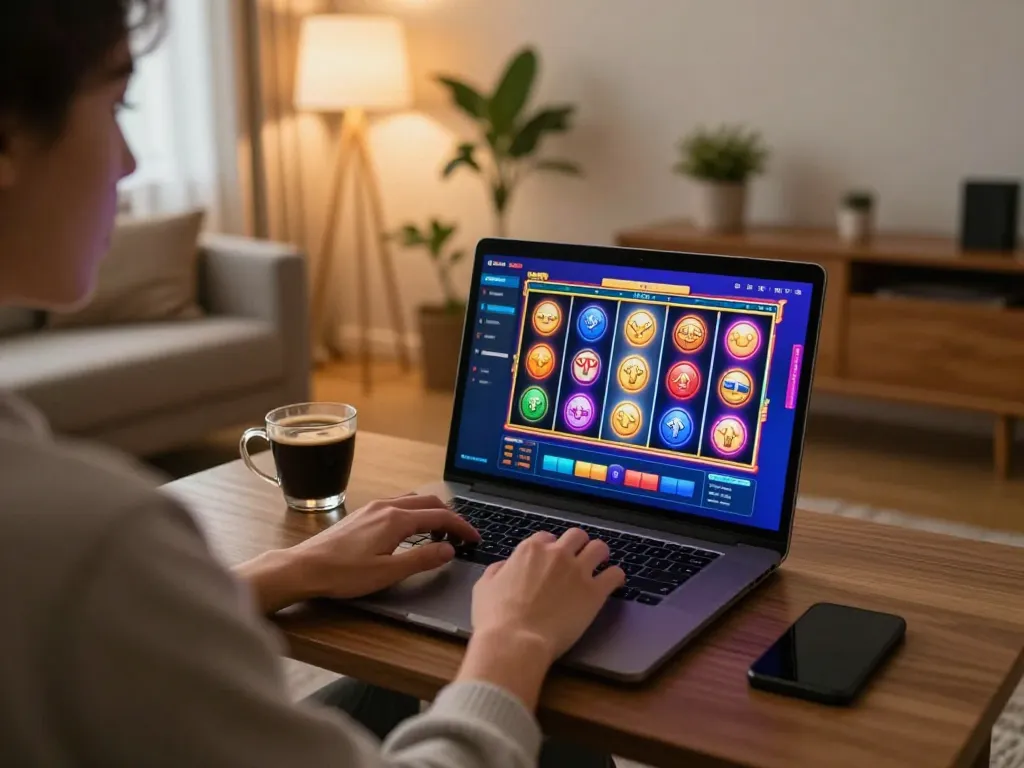 Engaging in casino sider gameplay in a cozy home setting with vibrant slot game display
