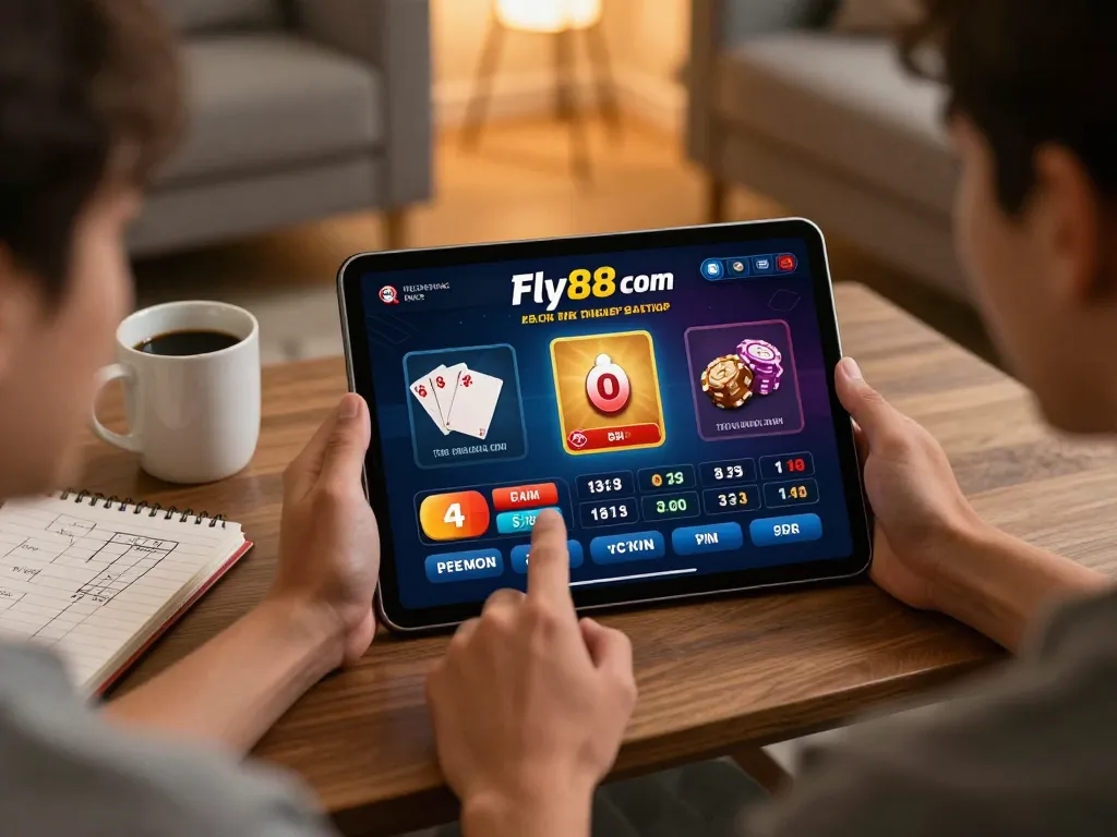 Player interacting with fly88 com online betting platform on tablet, highlighting strategic gameplay in cozy environment.