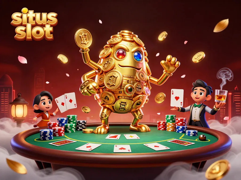 Menggambarkan pengalaman bermain situs slot yang menakjubkan dengan karakter golem emas berlimpah dan simbol slot yang brilian.