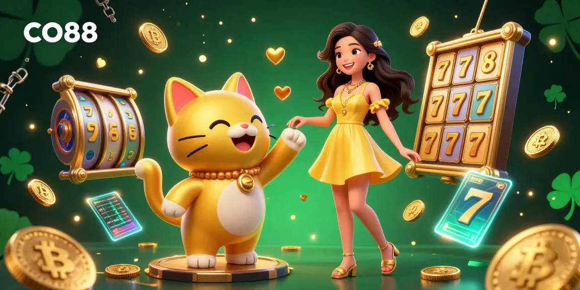 Engage in playful interaction with CO88 while enjoying the thrill of casino games amidst floating coins and joyful symbols.